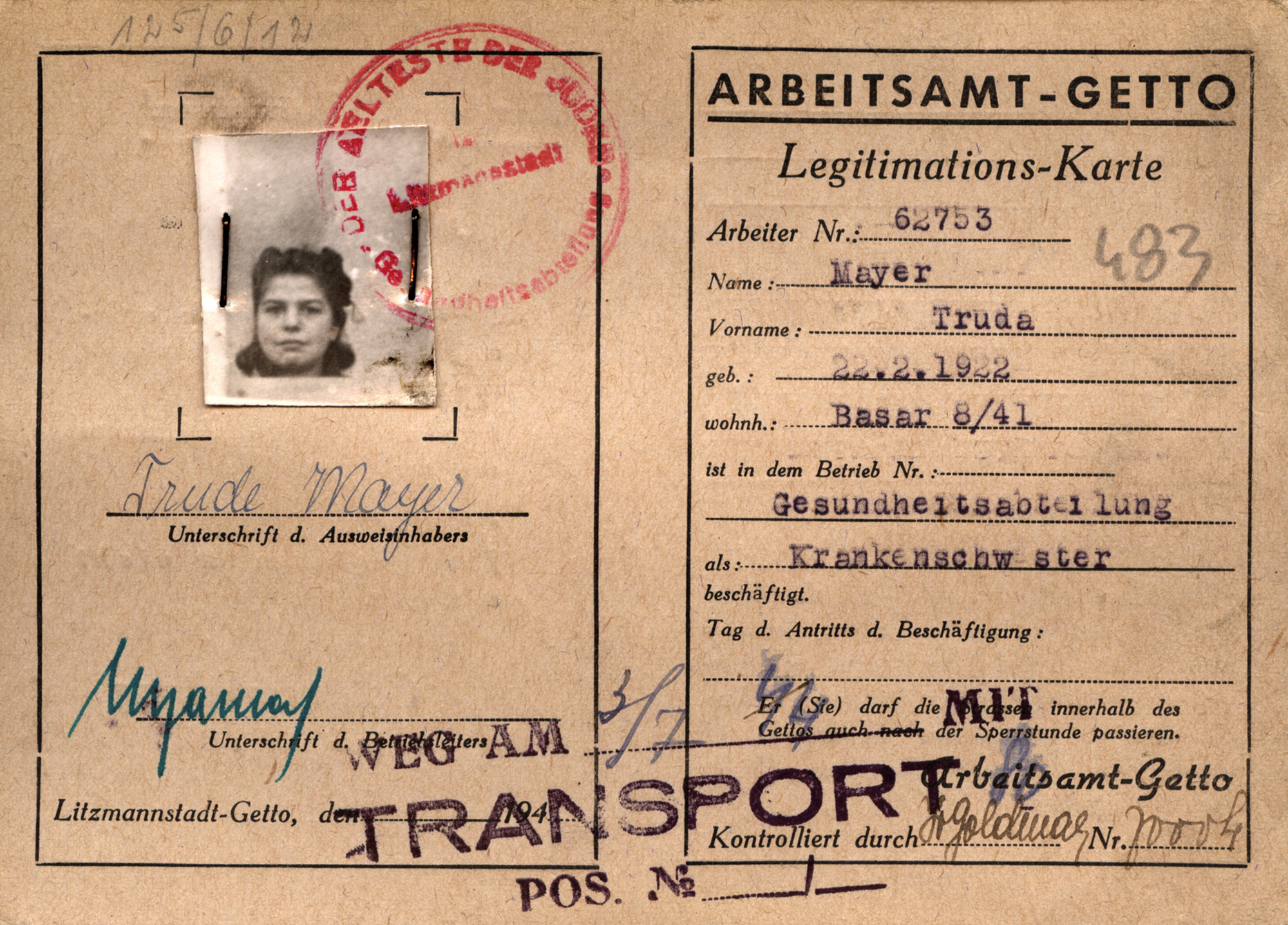 Legitimationskarte des Arbeitsamts im Ghetto Lodz