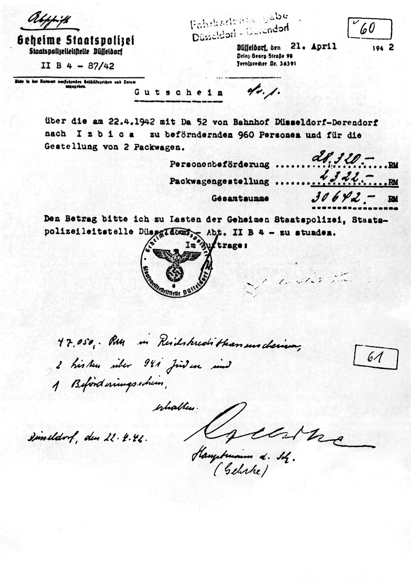 Abrechnung der Gestapo Düsseldorf mit der Deutschen Reichsbahn nach der Deportation der rheinischen Juden nach Izbica