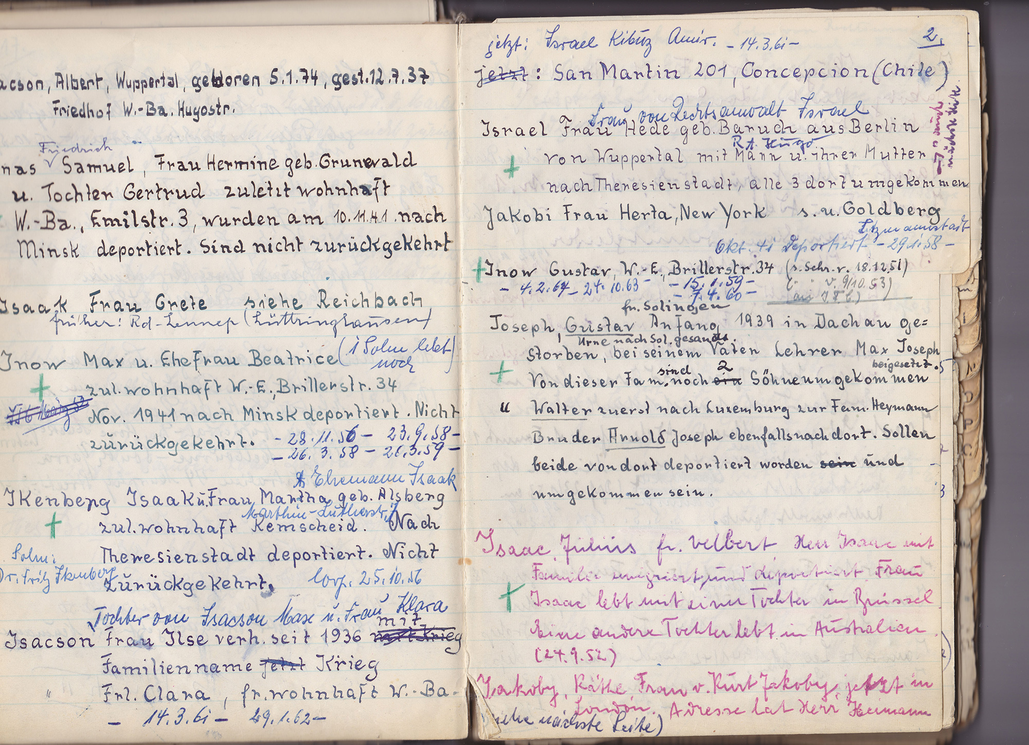 Adressbuch, in dem die Überlebenden die Informationen über frühere Gemeindemitglieder eintrugen